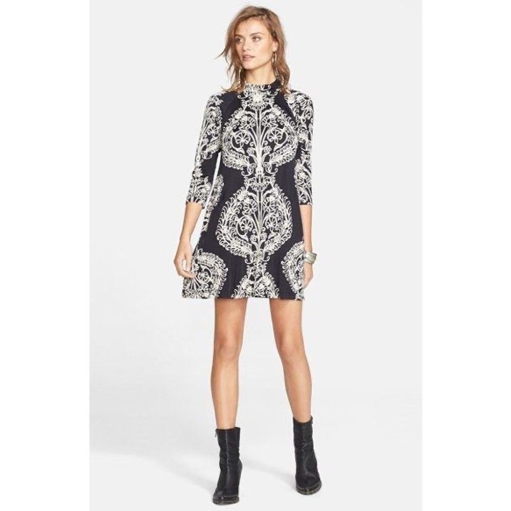 Free People Fiesta Floral Mini Dress Black Cream Boho 3/4 Sleeve Women’s Size S